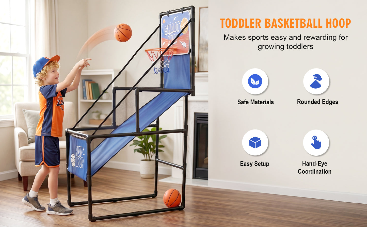 Kids Single Shot Basketball Arcade Game, Indoor Basketball Hoop with 2 Balls & Pump, Foldable Stand for Toddlers & Children image 7