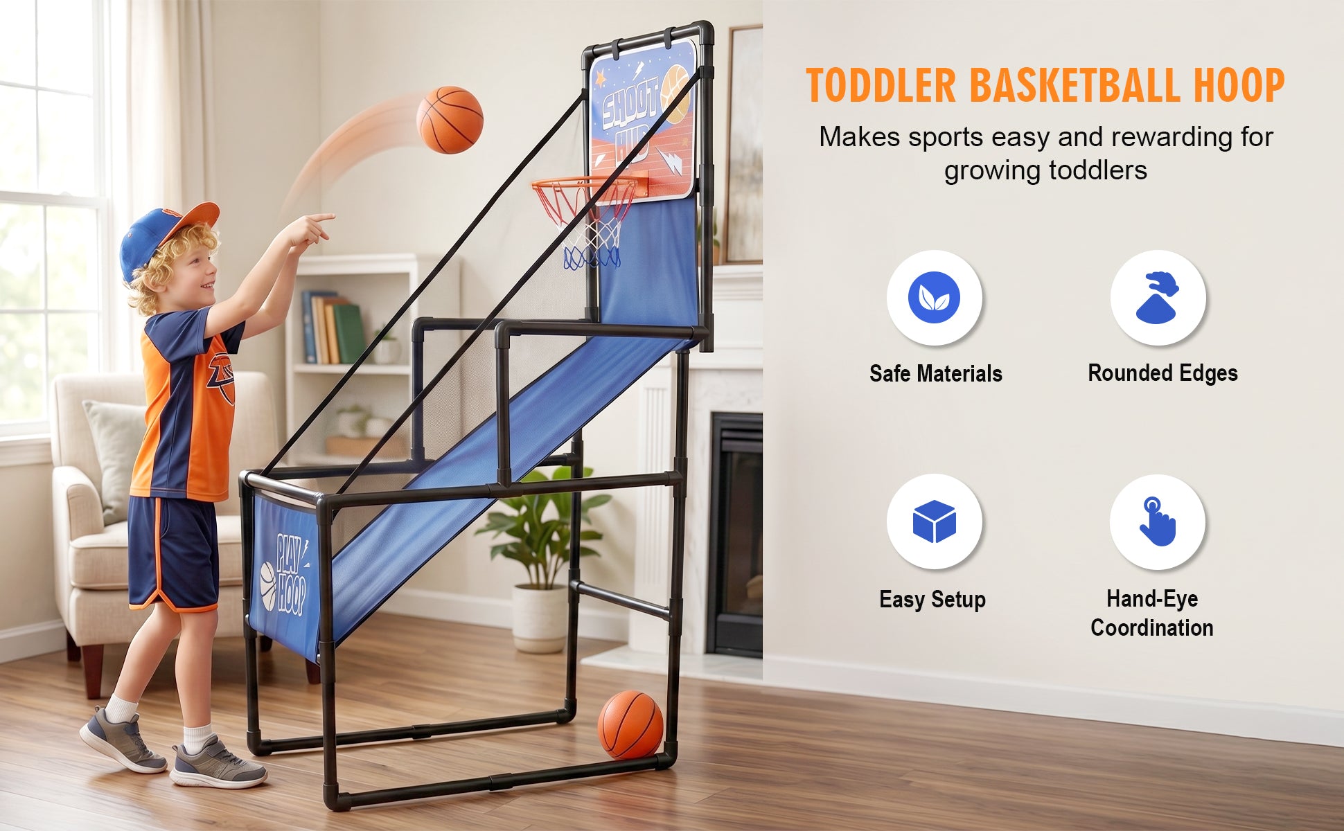 Kids Single Shot Basketball Arcade Game, Indoor Basketball Hoop with 2 Balls & Pump, Foldable Stand for Toddlers & Children image 7