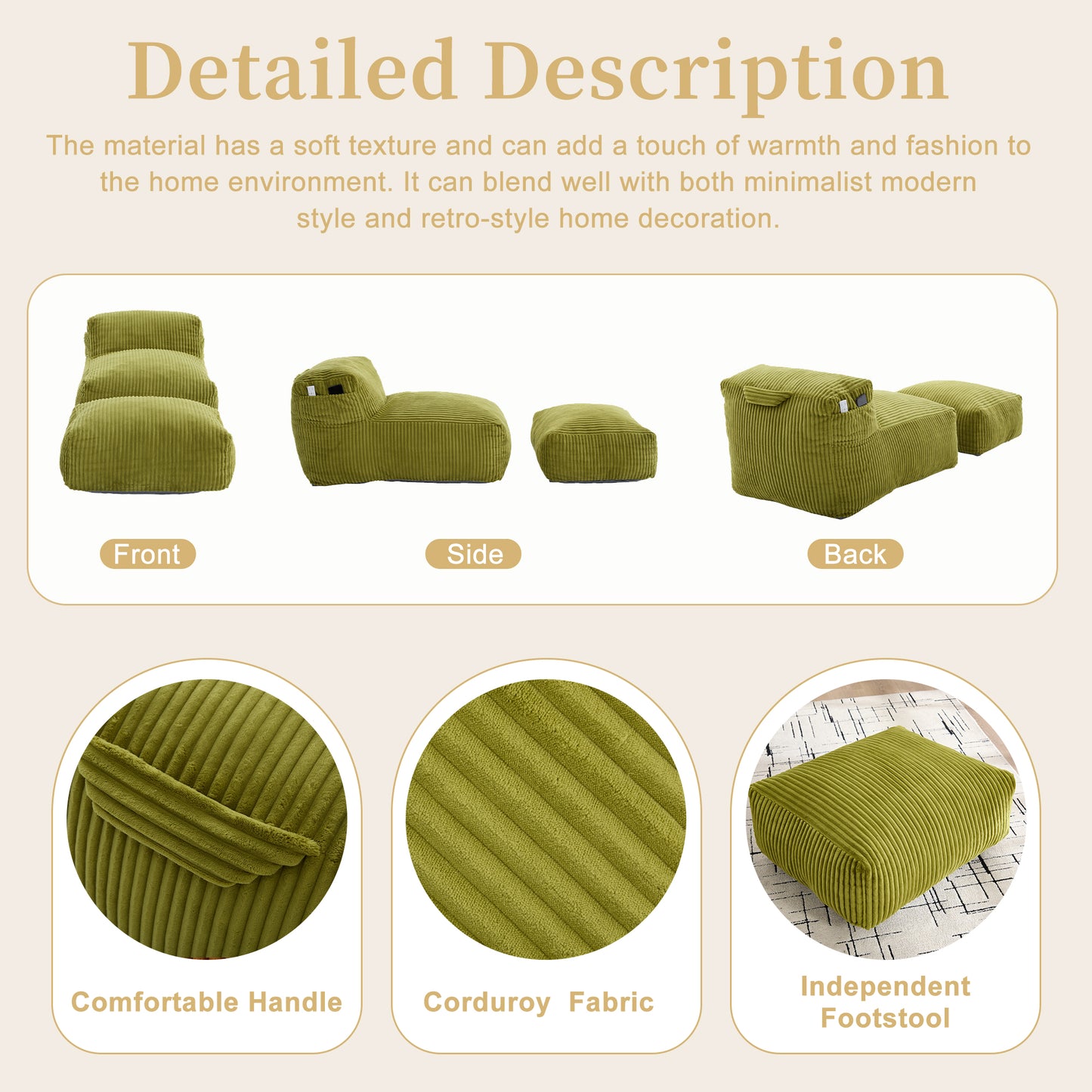 Big Bean Bag Chair for Adults,Lounger Large Bean Bag Sofa, Memory Foam Filled Beanbag Chair for Living Room, Bedroom, Balcony,Comfy Corduroy Bean Bag Chair with ottoman,Ergonomic Support & Premium Com image 3