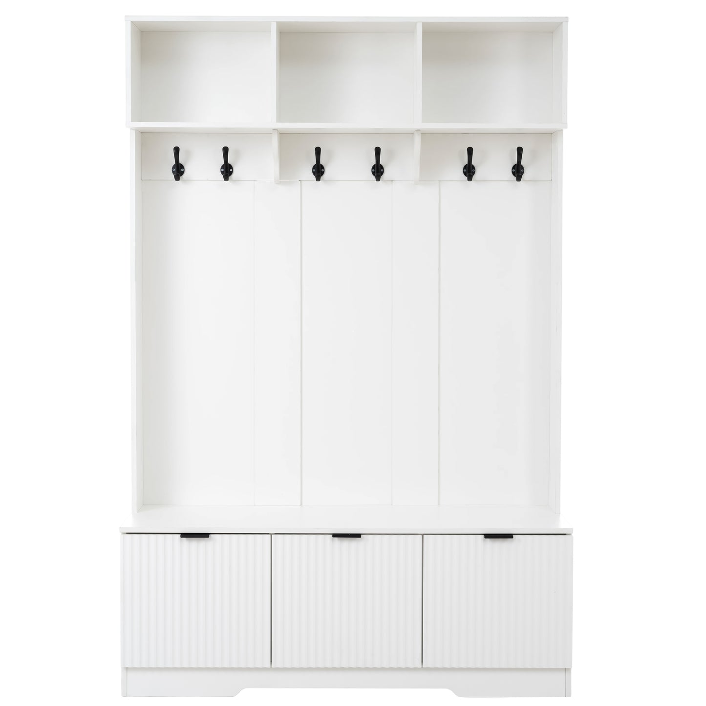 49.6 " 5-in-1 Hall Tree with Bench, Shoe Storage & 3 Open Storage Cabinets, Farmhouse Hall Tree with High Gloss Fluted Doors for Hallway Living Room image 11