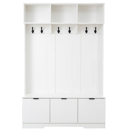 49.6 " 5-in-1 Hall Tree with Bench, Shoe Storage & 3 Open Storage Cabinets, Farmhouse Hall Tree with High Gloss Fluted Doors for Hallway Living Room image 11