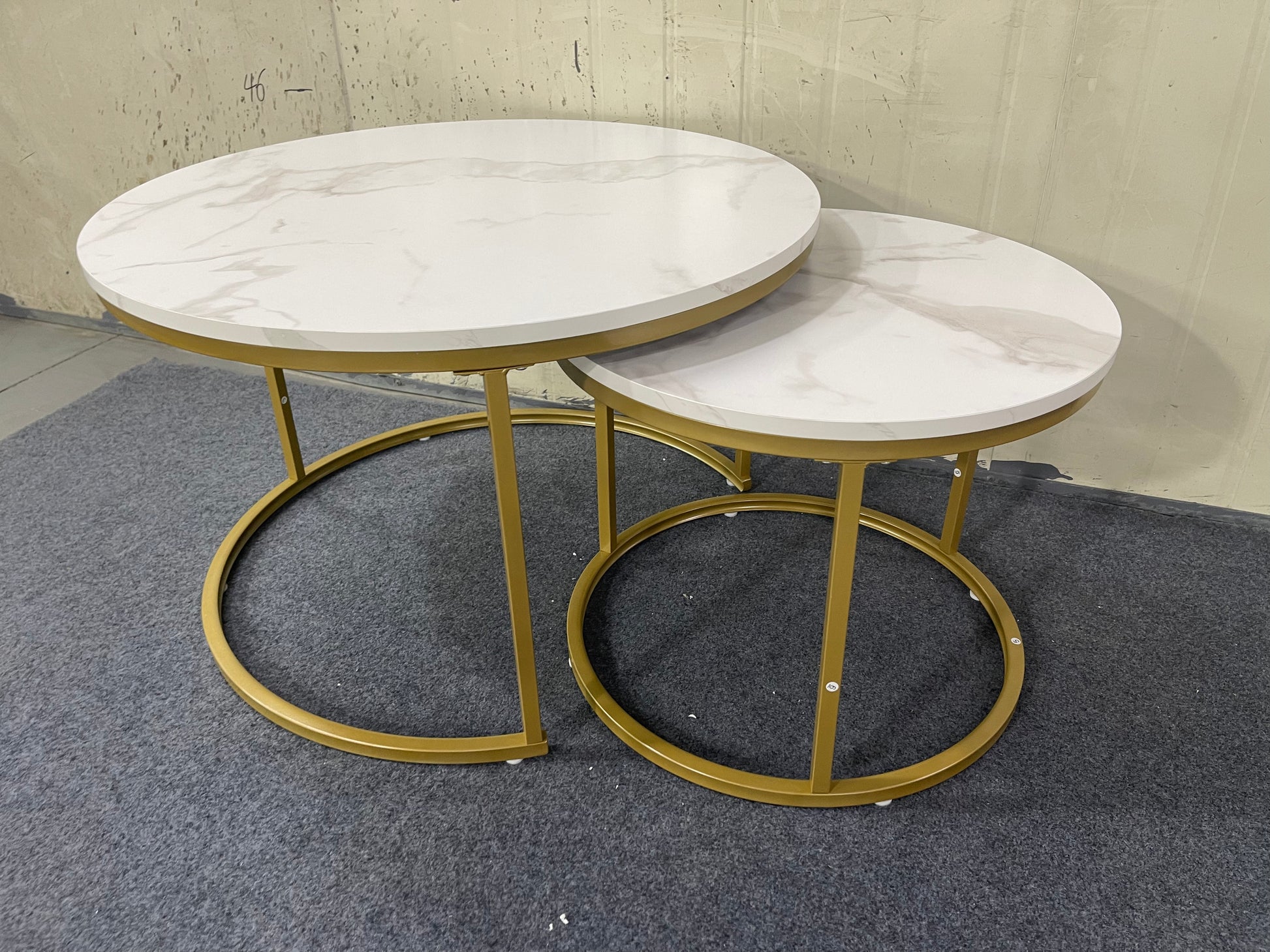 27.6in Nesting Coffee Table Set of 2, Round Coffee Table Wood Marble Pattern Top with Sturdy Metal Frame, End Table Side Tables for Living Room Bedroom Balcony Yard (White) image 9