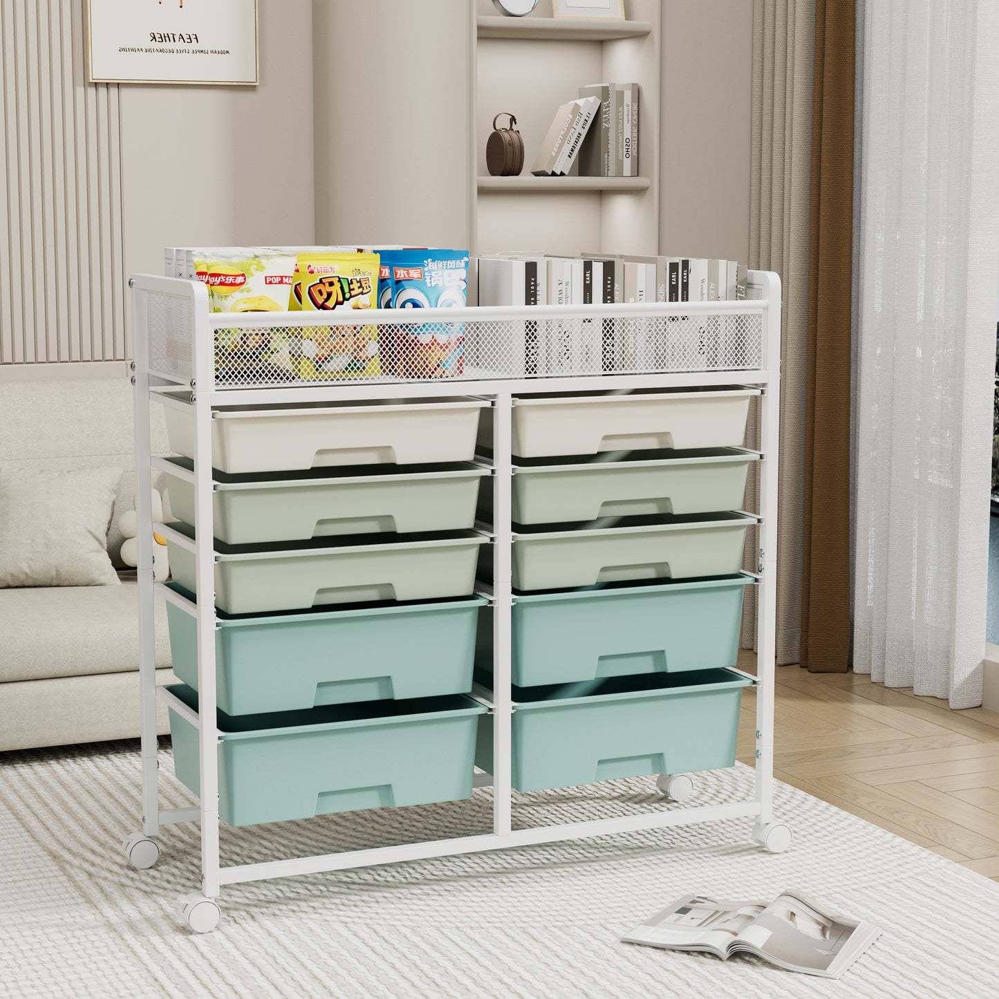 White Large Capacity 2-Row 10-Drawer Rolling Storage Cart, Metal Mesh Top Utility Organizer with Wheels, Multi-Layer Plastic Drawers for Kitchen, Bathroom, Bedroom, Office image 1