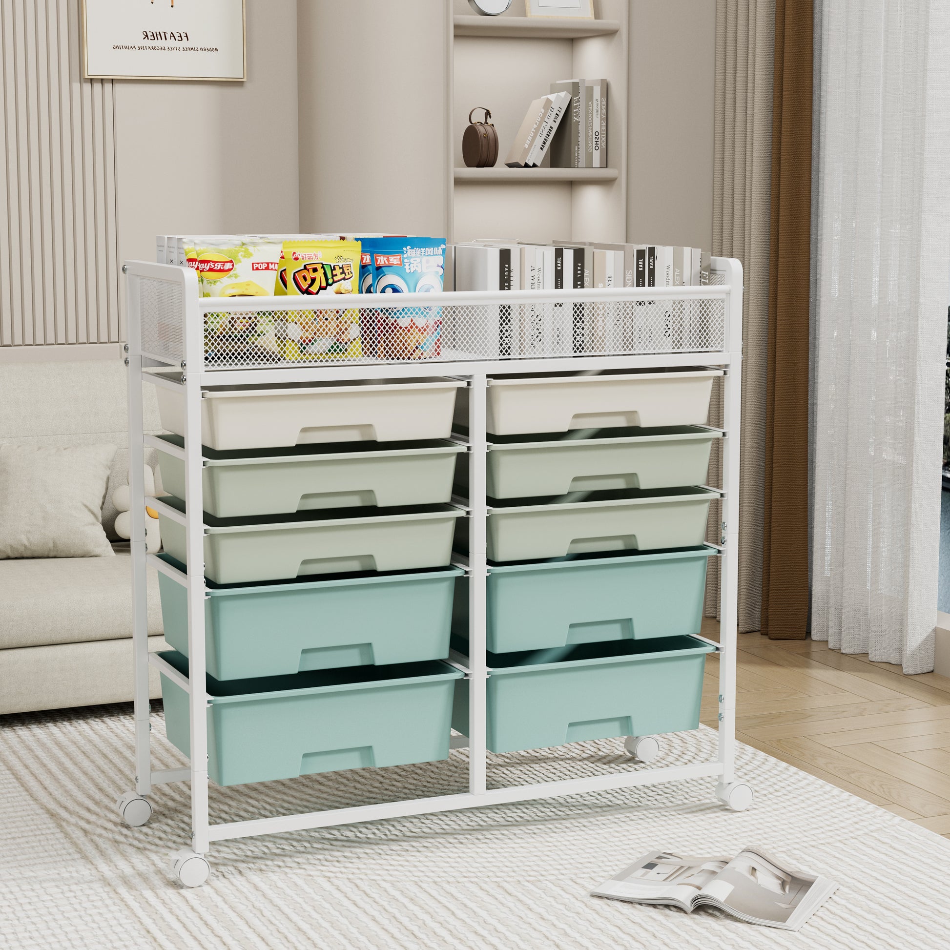 White Large Capacity 2-Row 10-Drawer Rolling Storage Cart, Metal Mesh Top Utility Organizer with Wheels, Multi-Layer Plastic Drawers for Kitchen, Bathroom, Bedroom, Office image 1