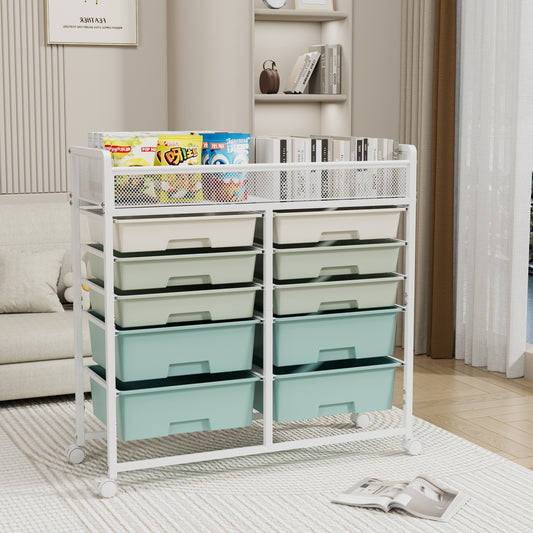 White Large Capacity 2-Row 10-Drawer Rolling Storage Cart, Metal Mesh Top Utility Organizer with Wheels, Multi-Layer Plastic Drawers for Kitchen, Bathroom, Bedroom, Office image 1