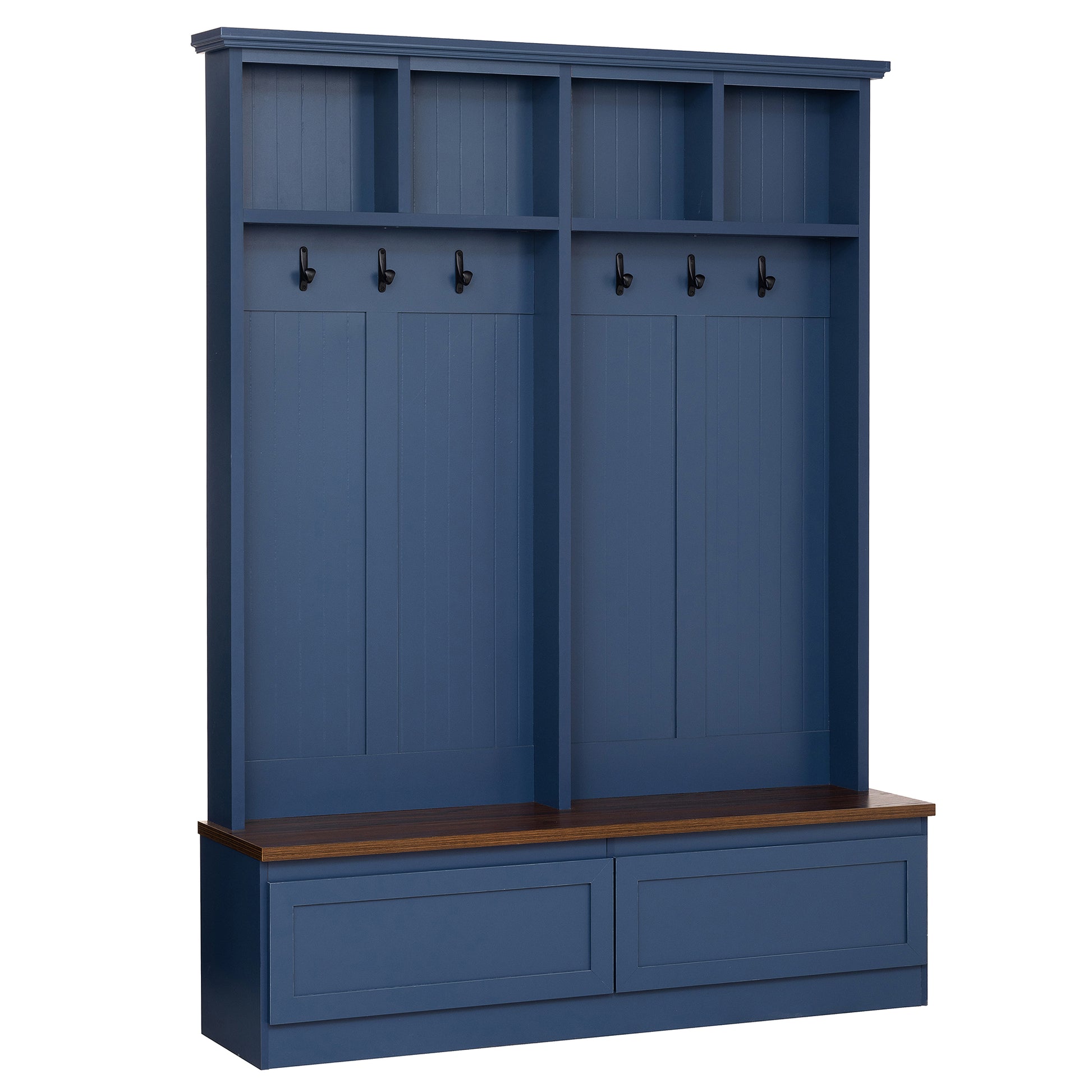 Farmhouse 4-in-1 Hall Tree with Wood Grain Bench, Mudroom Versatile Coat Rack with 2 Large Drawer, Entrance Organizer for Hallway, Living Room, Blue, 55.9"W (OLD SKU: N721P313099C) image 8