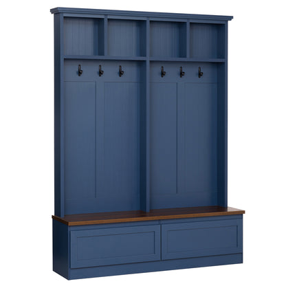 Farmhouse 4-in-1 Hall Tree with Wood Grain Bench, Mudroom Versatile Coat Rack with 2 Large Drawer, Entrance Organizer for Hallway, Living Room, Blue, 55.9"W (OLD SKU: N721P313099C) image 8