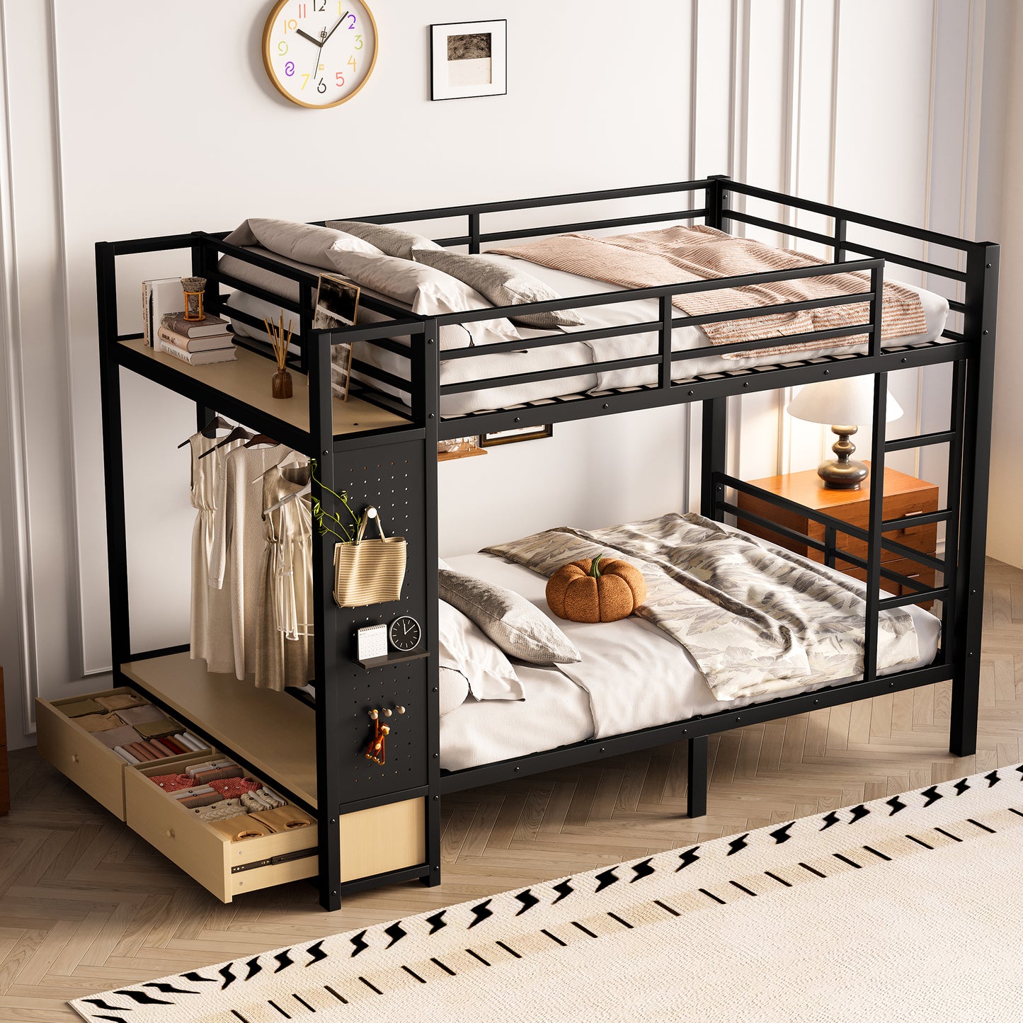 Full over Full size Metal Bunk Bed for Teens with Storage Shelves,Drawers and Pegboard,Black image 3