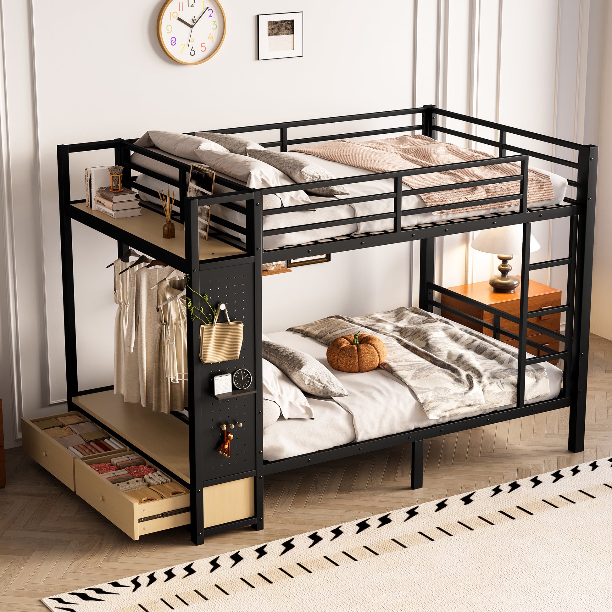 Full over Full size Metal Bunk Bed for Teens with Storage Shelves,Drawers and Pegboard,Black image 3