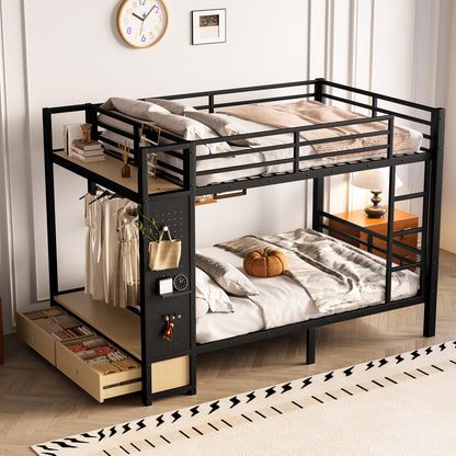 Full over Full size Metal Bunk Bed for Teens with Storage Shelves,Drawers and Pegboard,Black image 3