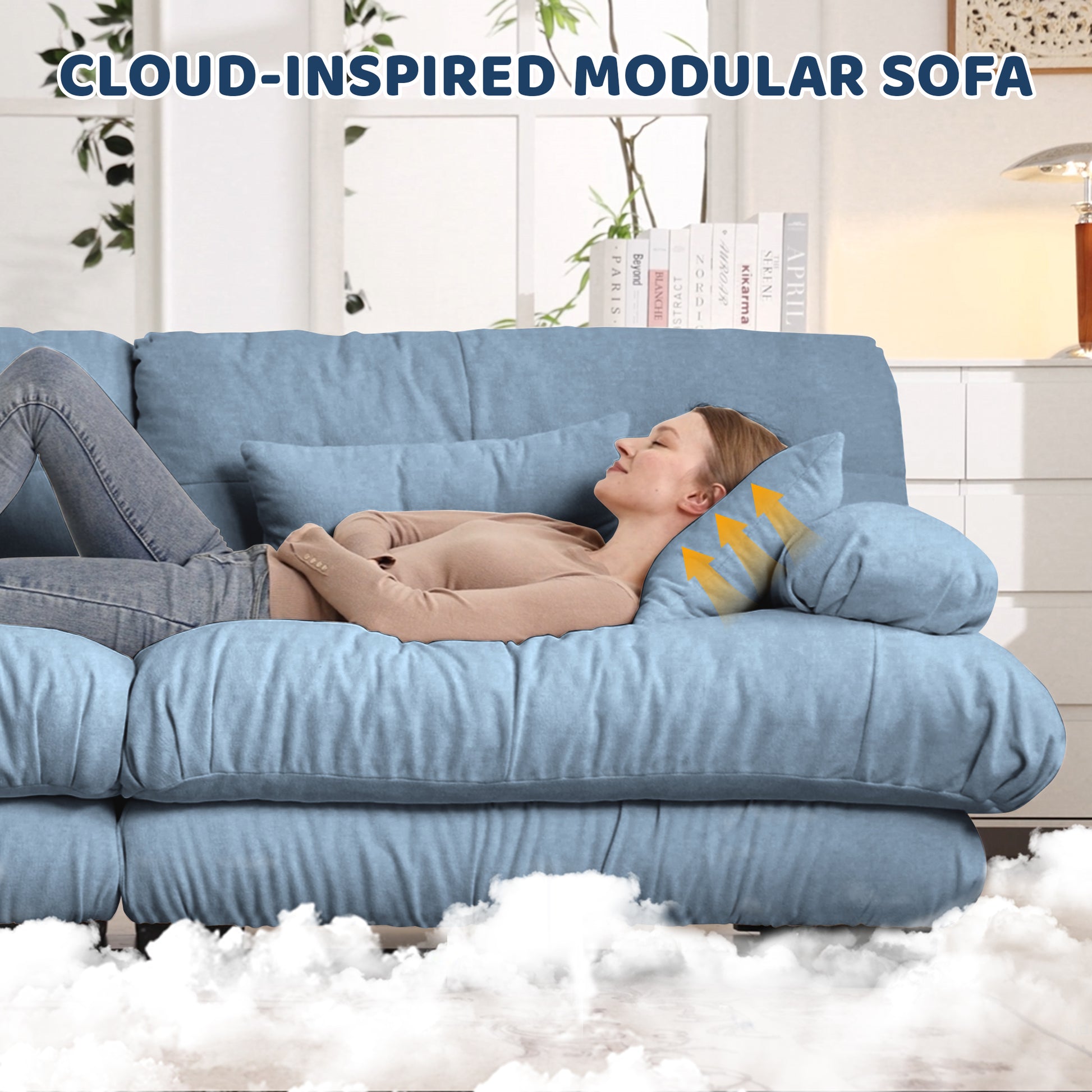 Cloud Couch Sectional Sofa for Living Room, Chenille 2 Seater Sofa with 2 Lumbar pillows and 2 throw pillows, Upholstered Wide Arm Sofa with Convertible Ottoman,Chenille Blue image 5