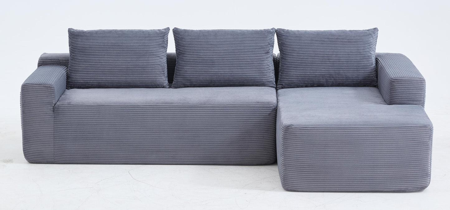 New 96.9"Compressible doubleCloud Sectional Couch with L-Shape Chaise,Modern Modular Sofa with Deep Seat,Upholstered Couches for Living Room Bedroom,No Assembly Required, Corduroy Fabric,Grey Right image 9