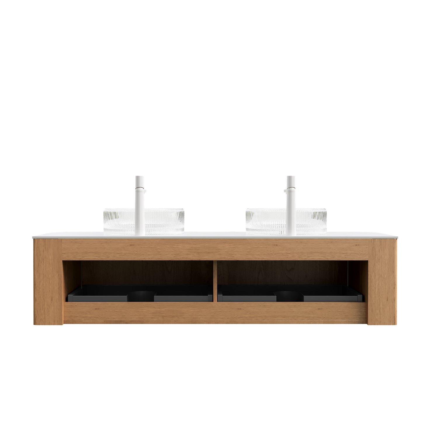 DINA 60" Bathroom Vanity&Sinks, Floating Curved Edges Striped Storage Cabinet with 2 Drawers, 2 Transparent Round Glass Basins&Carrara White Sintered Stone Top, Pre-assembled, Natural Woodgrain Color image 4
