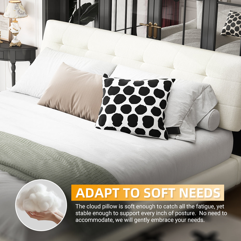 King Size Bed Frame,Tufted Headboard with Extra-Large Ultra-Soft Cloud Pillow Design,Chenille Platform Bed with Metal and Wooden Slats Double Support,Solid and Stable,Noise-Free,Beige/White image 7