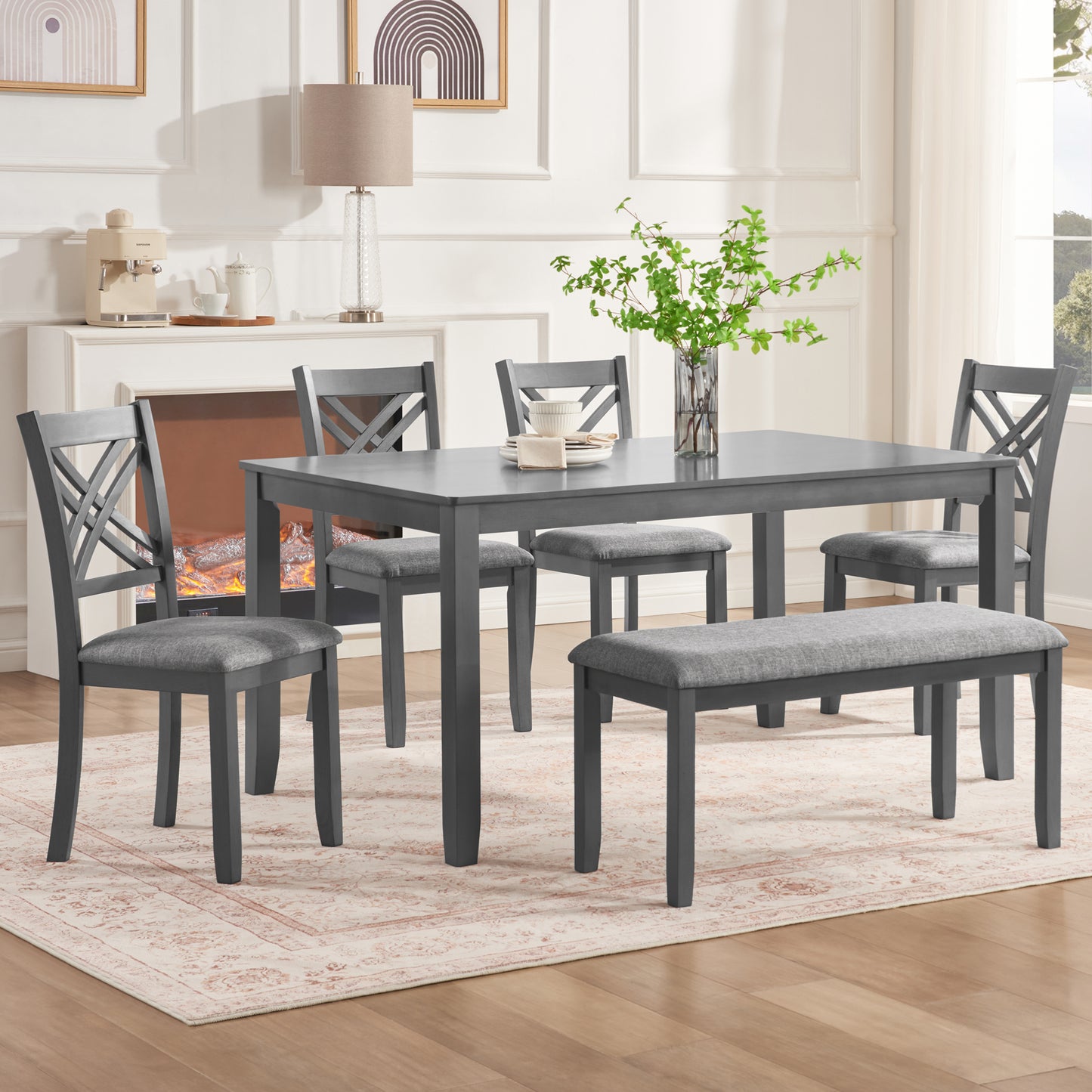 6 Piece Kitchen Dining Set, Rectangular Wooden Dining Table with 4 Upholstered Chairs and a Bench, Dining Table Set for 6 People, Living Room and Kitchen, Grey image 1