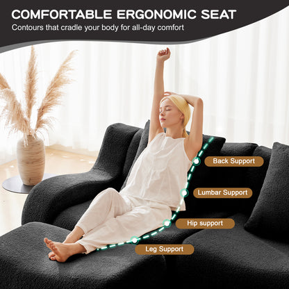 L-Shaped Teddy Fabric 2-Seat Boneless Sofa,No Assembly Required Curved Armrest,Streamlined Design Ergonomic Design,32D High Density Sponge For Living Rooms Rest Areas Bedroom,Black image 6