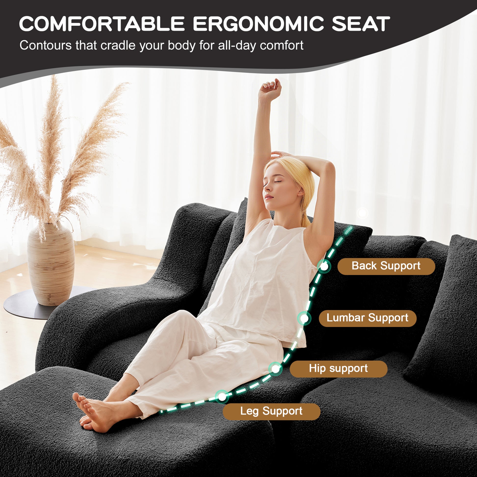Soft Teddy Fabric Boneless Sofa,No Assembly Required Streamlined Design,Anti-Slip Design 32D High Density Sponge Fits Living Rooms Bedrooms,Black image 6