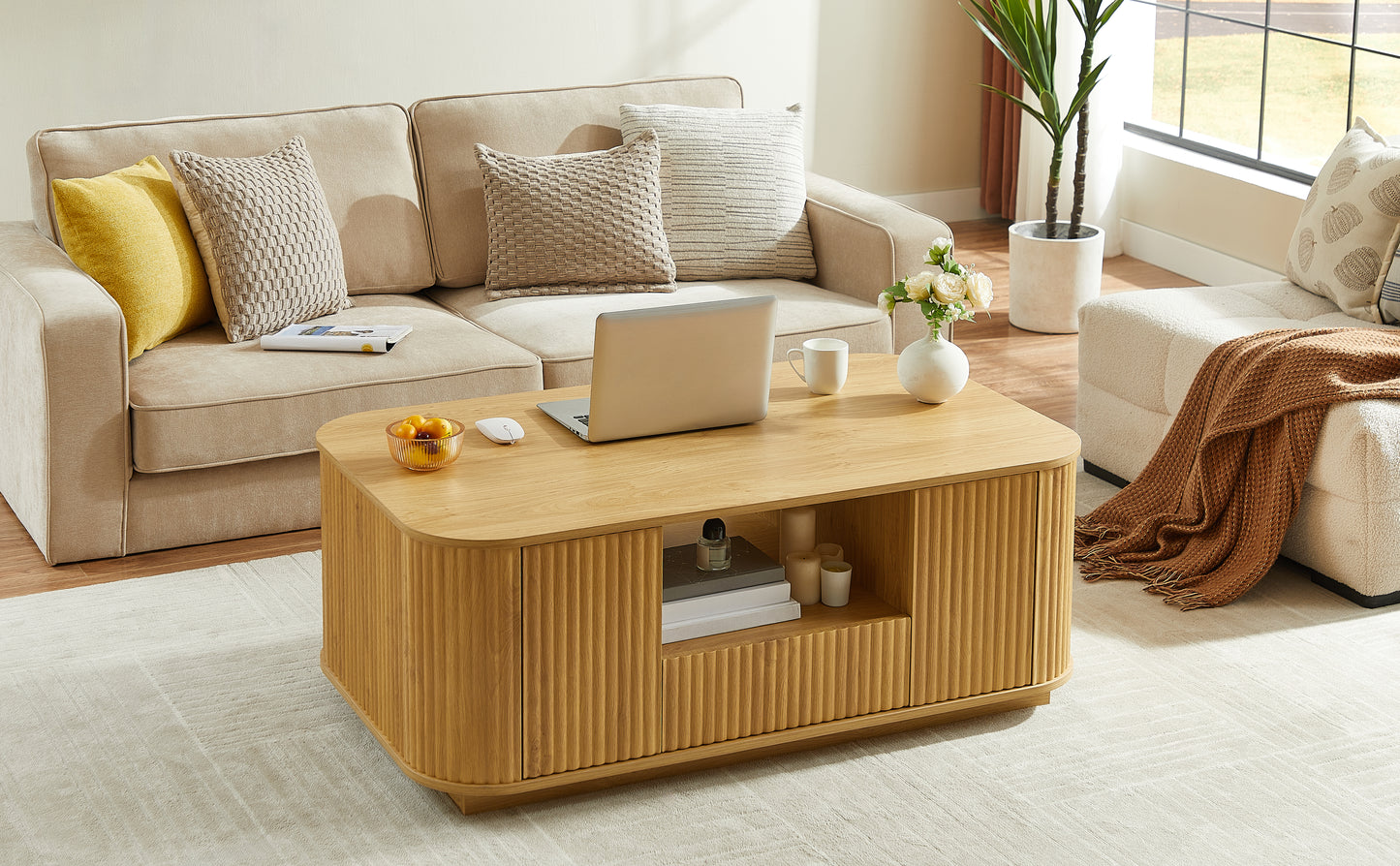 46.5"modern luxury oval coffee table with drawers and storage compartments, curved contour design, living room center coffee table, suitable for living rooms and offices, Natural, 46.5"L*27.2"W*17.7"H image 4