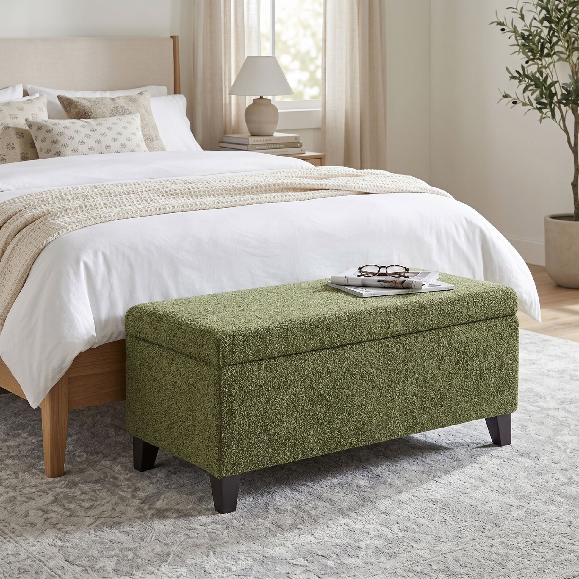 Storage Ottoman with Flip-Top Lid, Easy Assembly, Boucle Fabric & Rubber Wood Legs, Retro Green image 2