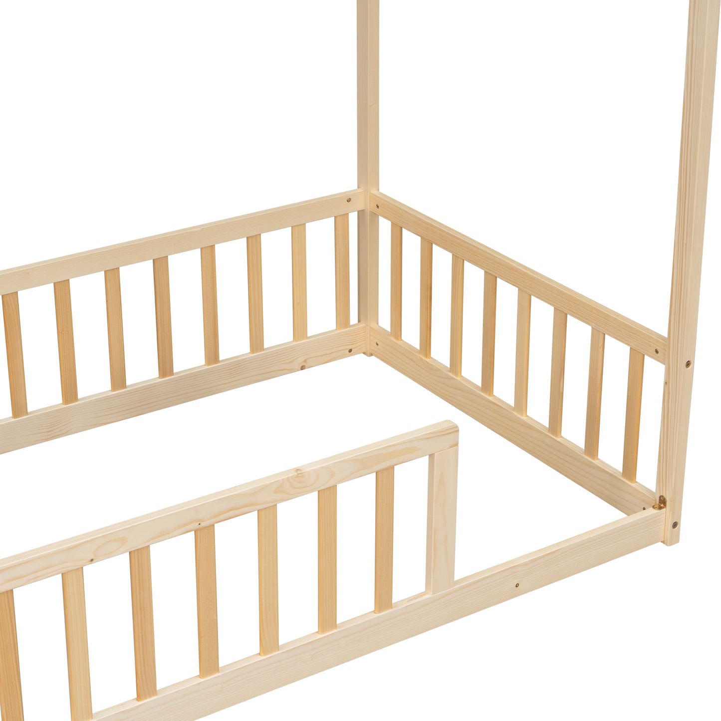 Twin Size House Floor Bed with Roof Frame,Pine Wood Floor Bed with Safety Guardrails,Natural image 5