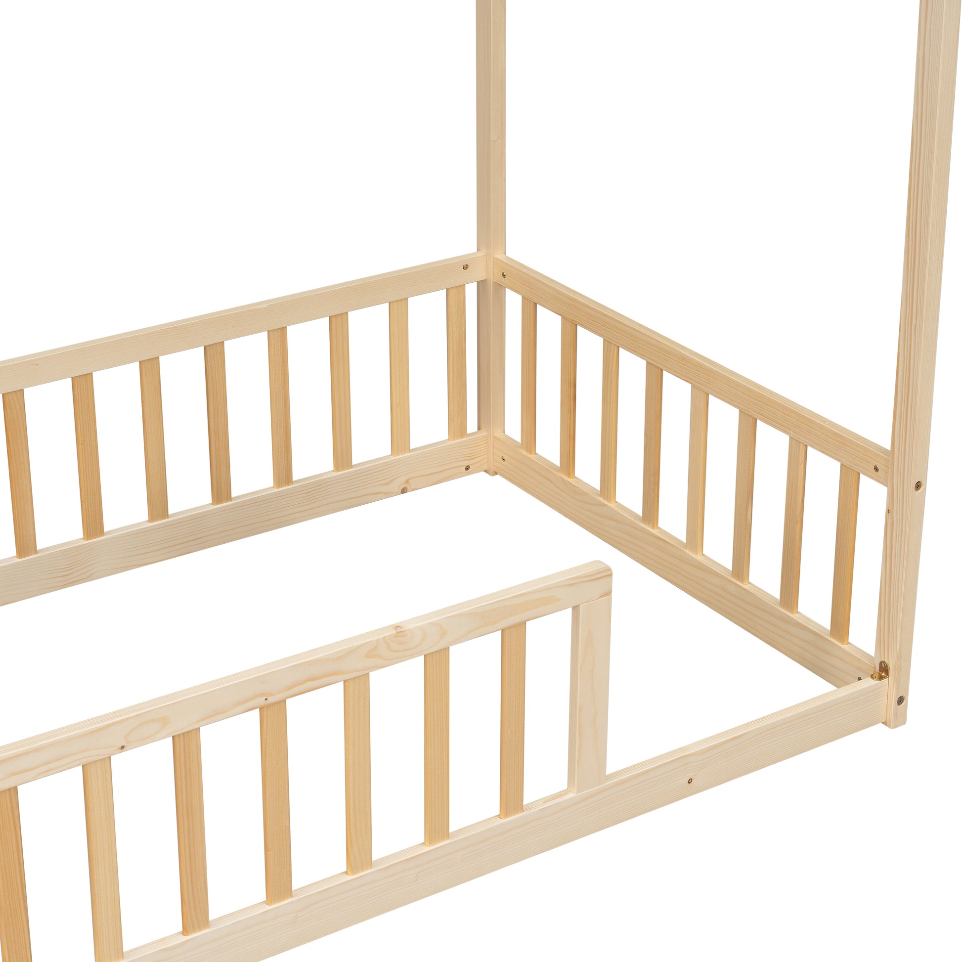 Twin Size House Floor Bed with Roof Frame,Pine Wood Floor Bed with Safety Guardrails,Natural image 5