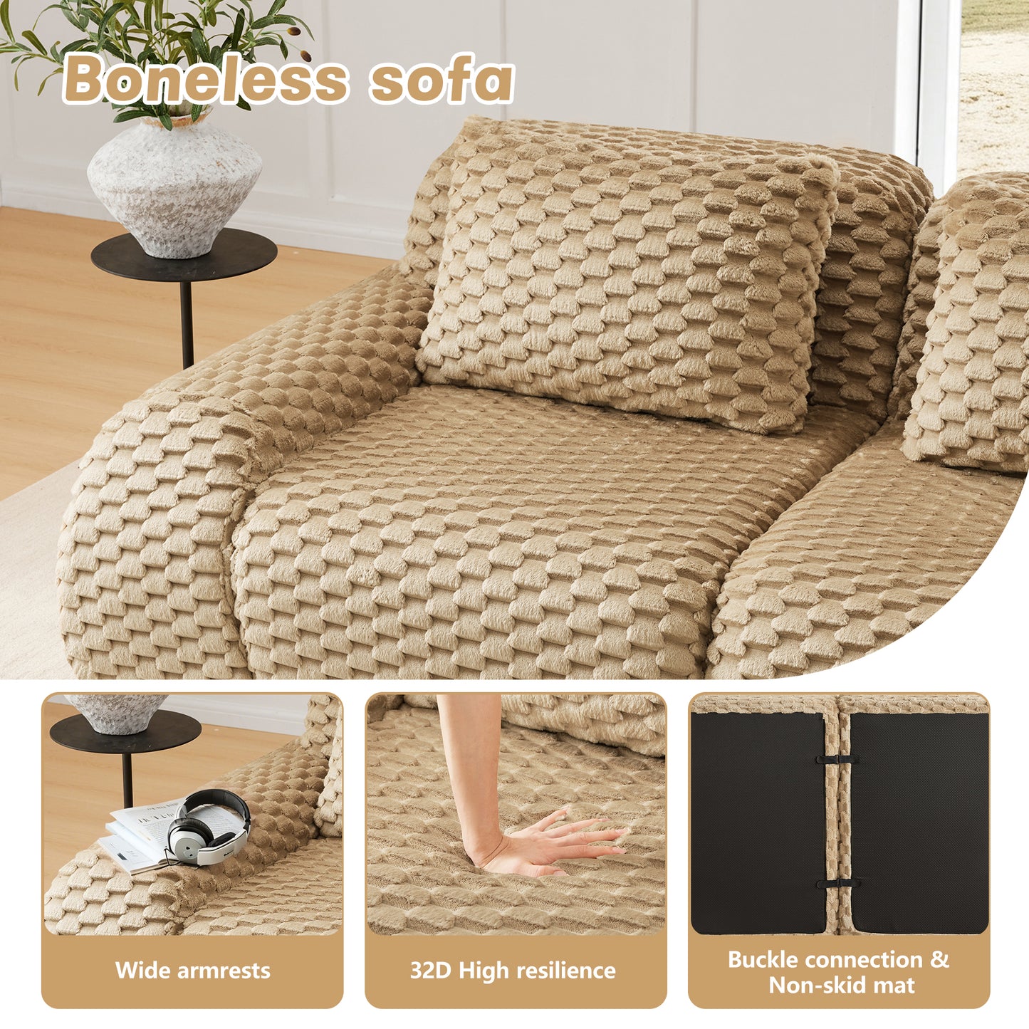 114" Modern L-Shaped Modular Sectional Sofa for Living Room,Flannelette Fabric,Oversized 3-Seater Couch,boneless sofa,Movable Ottoman,Buckle connection,Anti-slip Design,No Assembly,Light Camel image 8