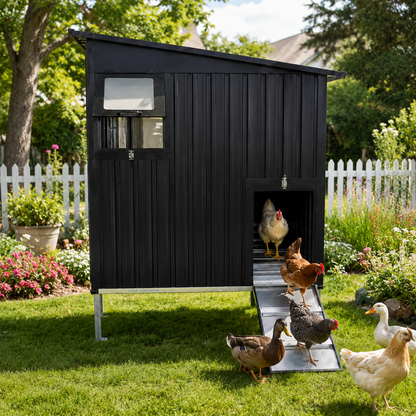 Outdoor Galvanized Metal Chicken Coop with Pull Out Waste Trays, Raised Base & Adjustable Vent Window, Weatherproof Large Poultry Cage for Backyard Hen Duck Small Animal Housing image 2