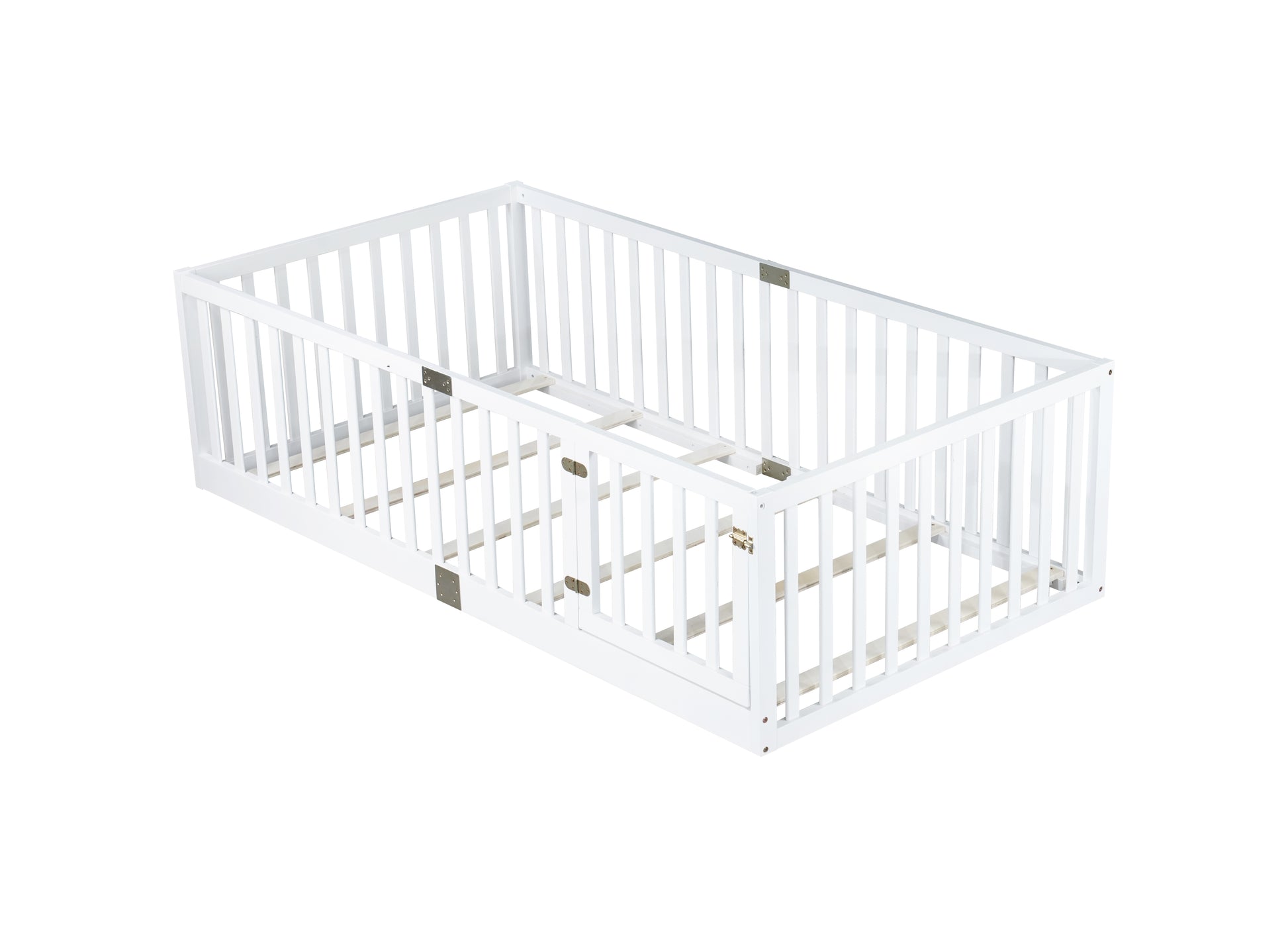 Twin Size Floor Bed with High Fence Railings, with Door, Rubber Wood Floor Bed with Safety Guardrails,White (Old Sku W504P287652) image 11