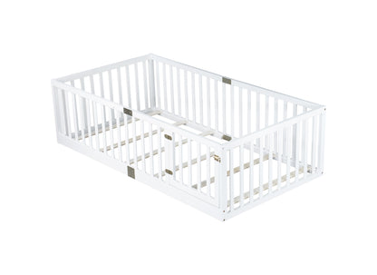 Twin Size Floor Bed with High Fence Railings, with Door, Rubber Wood Floor Bed with Safety Guardrails,White (Old Sku W504P287652) image 11