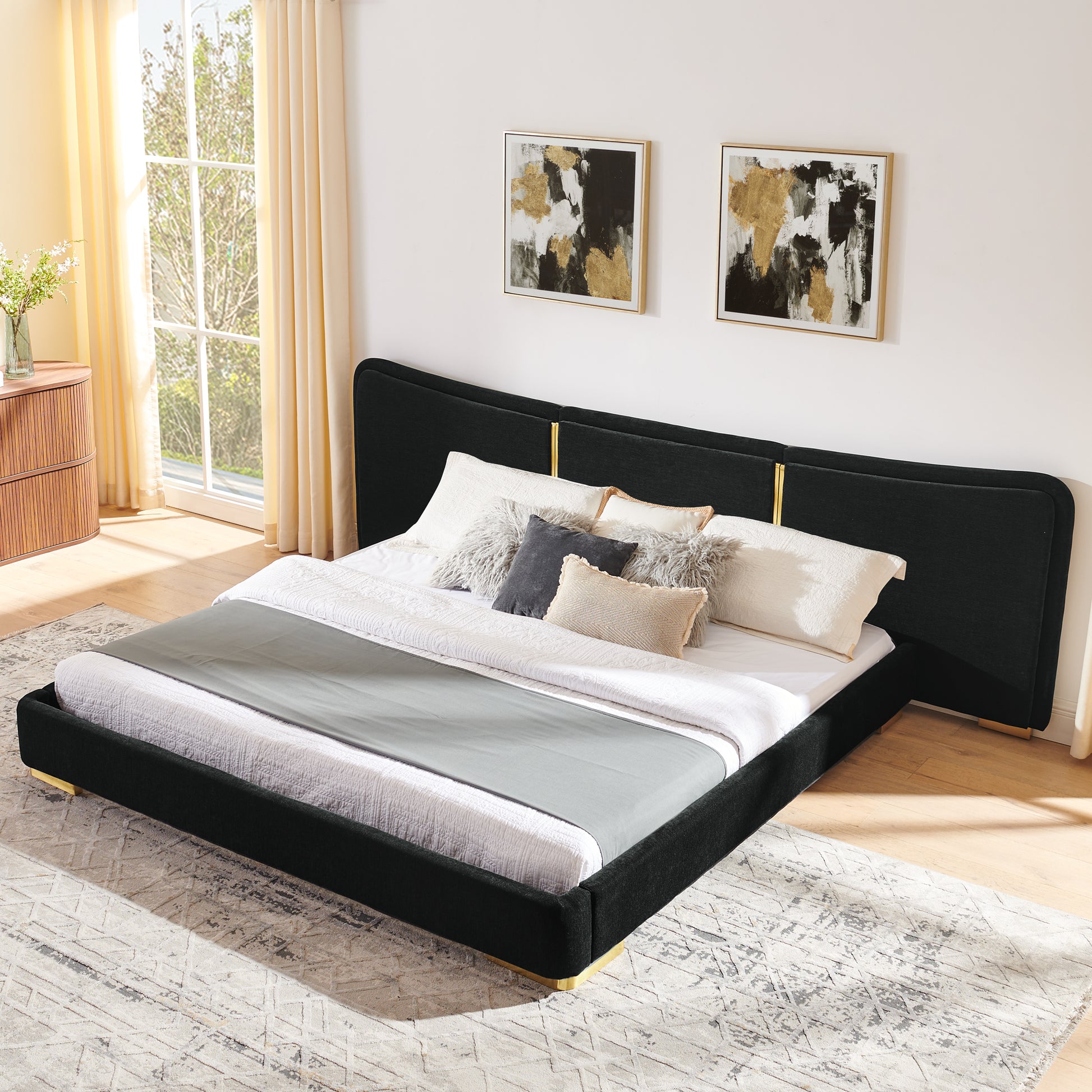 King Size Extra Large Platform Bed, Soft Chenille Fabric Frame, Curved Headboard, Reinforced Electroplated Metal Legs, Flexible DIY Side Space Design-Black image 3