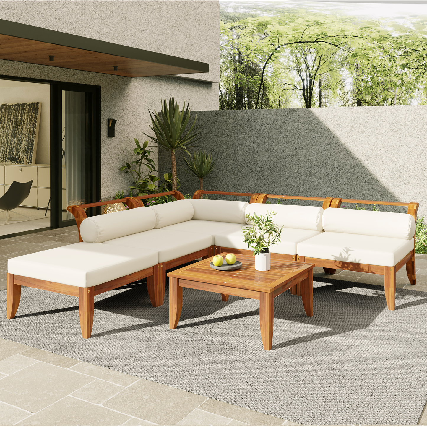 TOPMAX 6 Piece Patio Sofa Set, Acacia Wood Outdoor Modular Sectional Garden Furniture Set L-Shaped Conversation Set, Convertible Daybed with Tea Table, Ottoman, 5 Cushions and Pillows, Teak+Beige image 1