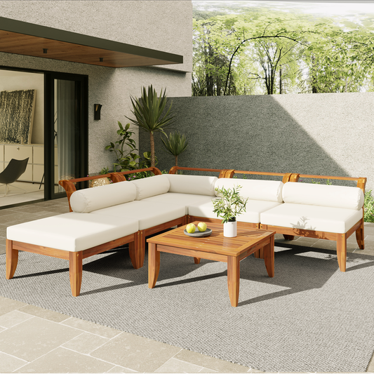 TOPMAX 6 Piece Patio Sofa Set, Acacia Wood Outdoor Modular Sectional Garden Furniture Set L-Shaped Conversation Set, Convertible Daybed with Tea Table, Ottoman, 5 Cushions and Pillows, Teak+Beige image 1