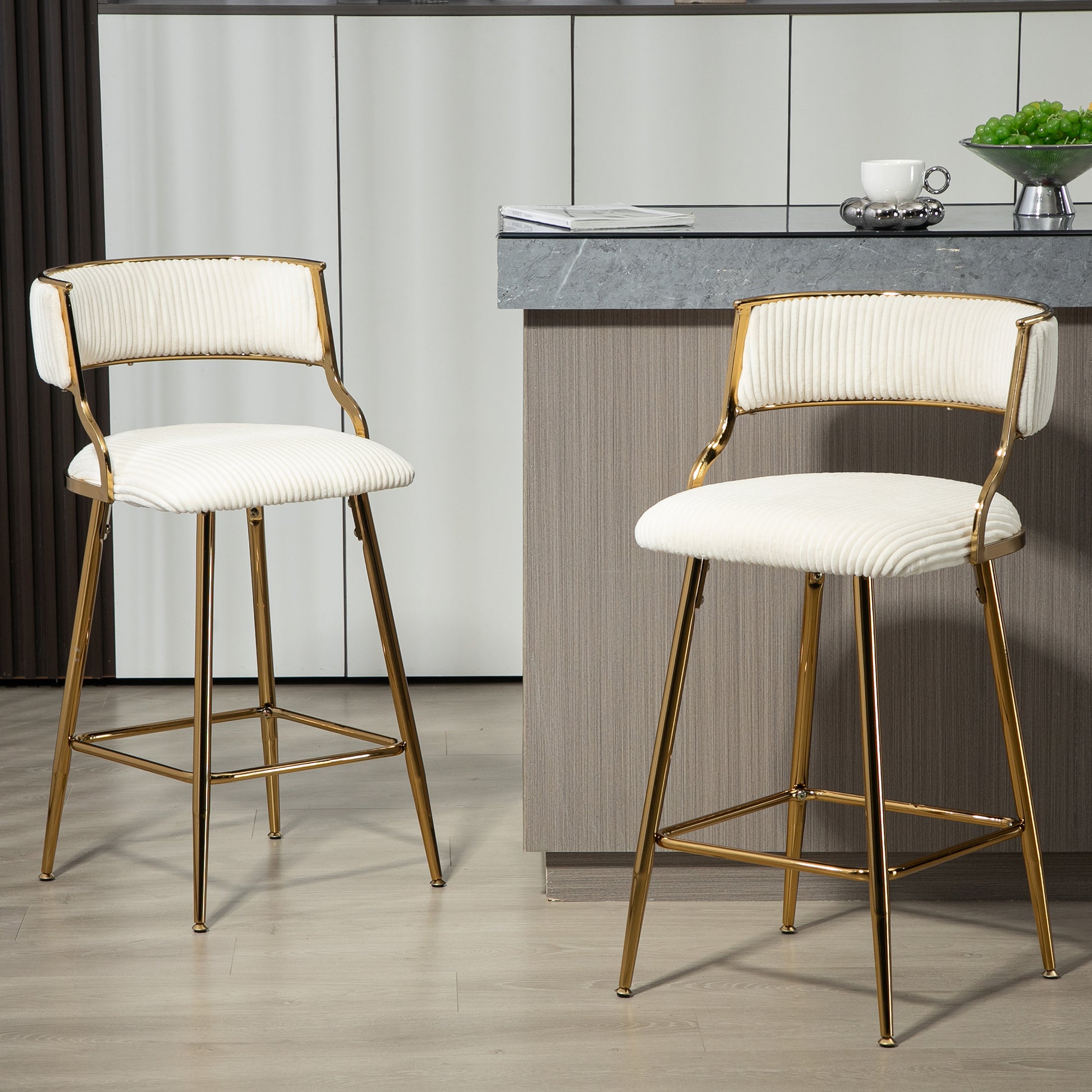 (SET of 2) 26'' Counter height bar stools Corduroy kitchen island counter bar stool with back,golden chromed base and footrest (BEIGE) image 9