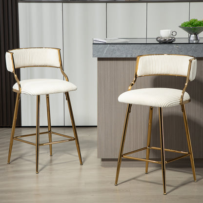 (SET of 2) 26'' Counter height bar stools Corduroy kitchen island counter bar stool with back,golden chromed base and footrest (BEIGE) image 9