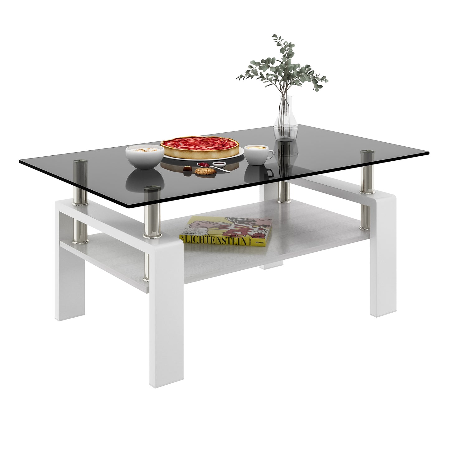 Rectangle Coffee Table, Tempered Glass Tabletop with MDF Layer, Modern Table for Living Room, Gray Glass image 3