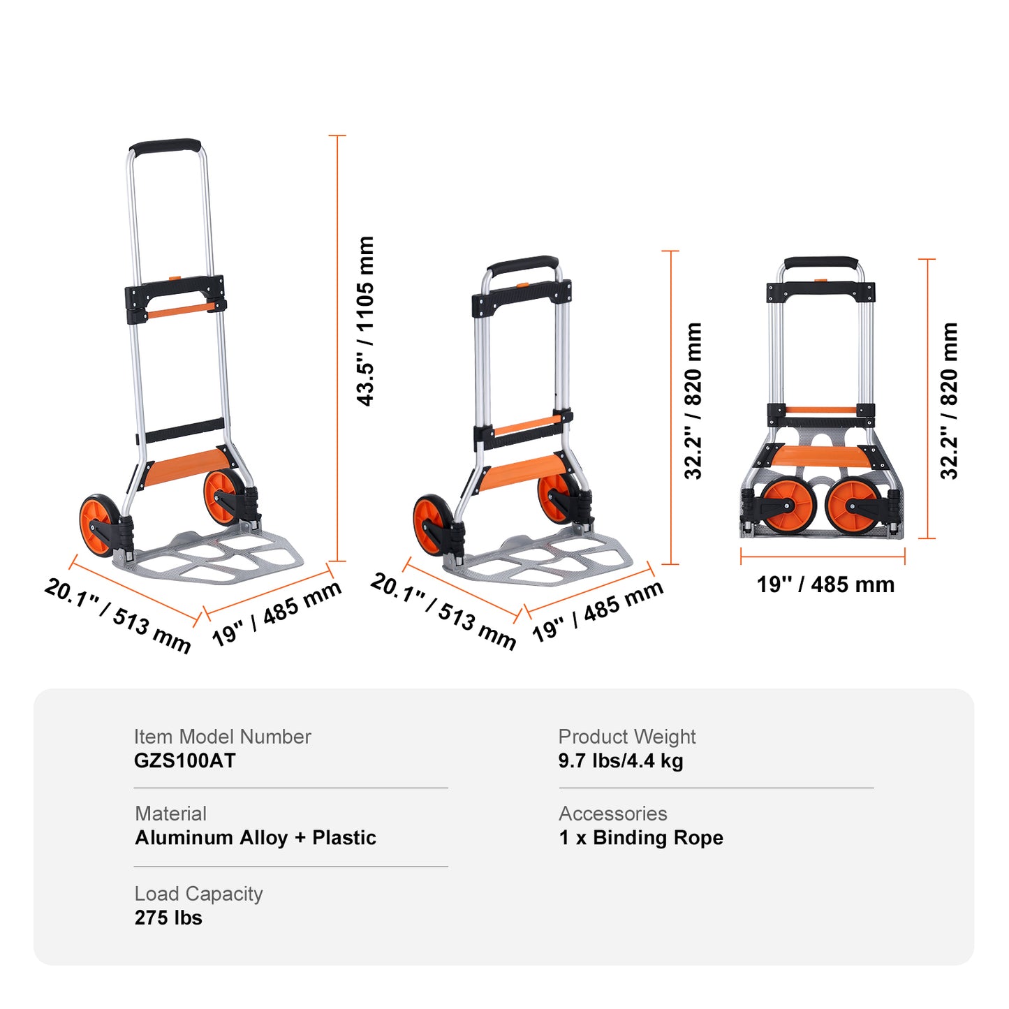 Folding Hand Truck, 275 lbs Load Capacity, Aluminum Portable Cart, Convertible Hand Truck and Dolly with Telescoping Handle and PP+TPR Wheels, Ultra Lightweight Super Strong for Moving Warehouse image 7
