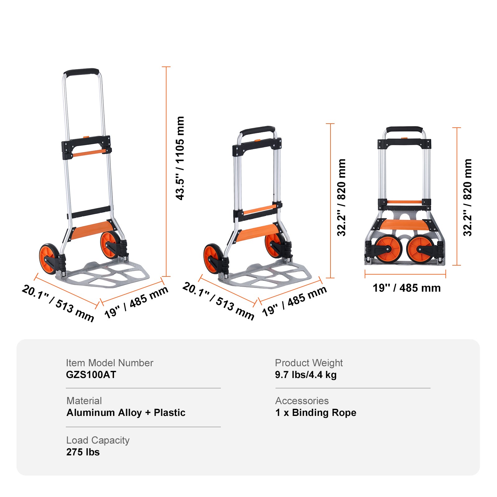 Folding Hand Truck, 275 lbs Load Capacity, Aluminum Portable Cart, Convertible Hand Truck and Dolly with Telescoping Handle and PP+TPR Wheels, Ultra Lightweight Super Strong for Moving Warehouse image 7