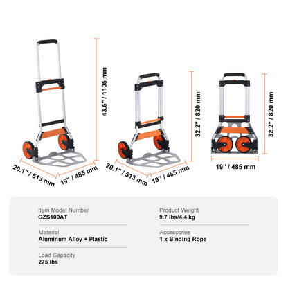 Folding Hand Truck, 275 lbs Load Capacity, Aluminum Portable Cart, Convertible Hand Truck and Dolly with Telescoping Handle and PP+TPR Wheels, Ultra Lightweight Super Strong for Moving Warehouse image 7
