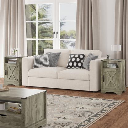 Farmhouse End Table with Charging Station Wooden Rustic Nightstands with Storage Cabinet and Shelf for Bedroom, Living Room, Living Room, Warm Grey image 8