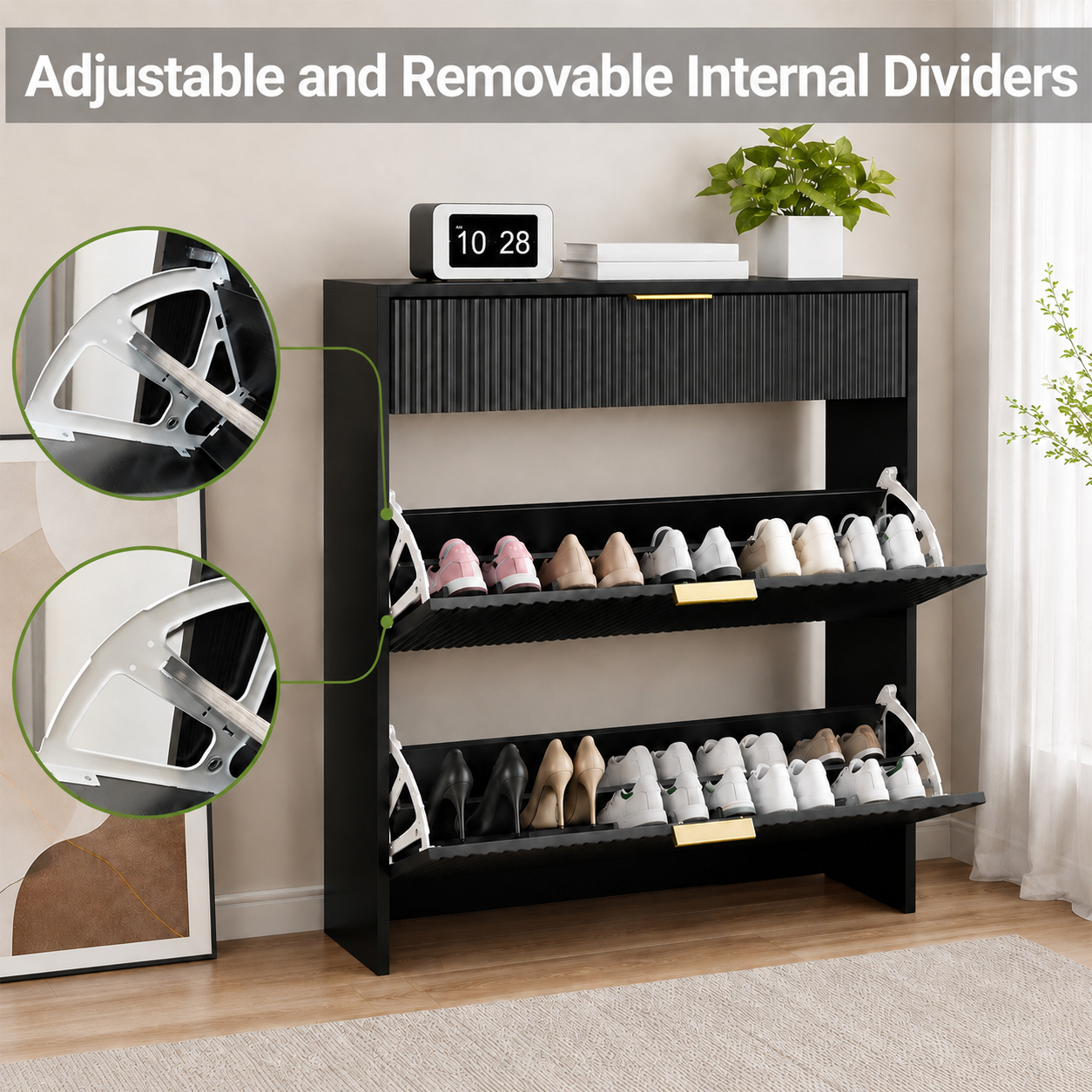 Narrow Fluted Shoe Storage Cabinet for Entryway, Freestanding Drawer Shoe Rack with Gold Pull Handles, Modern Slim Shoe Organizer Cabinet for Hallway Bedroom Closet, Black image 6