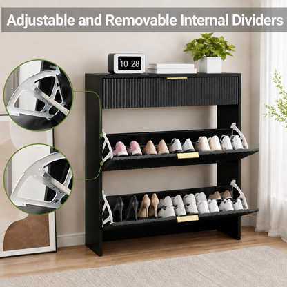 Narrow Fluted Shoe Storage Cabinet for Entryway, Freestanding Drawer Shoe Rack with Gold Pull Handles, Modern Slim Shoe Organizer Cabinet for Hallway Bedroom Closet, Black image 6