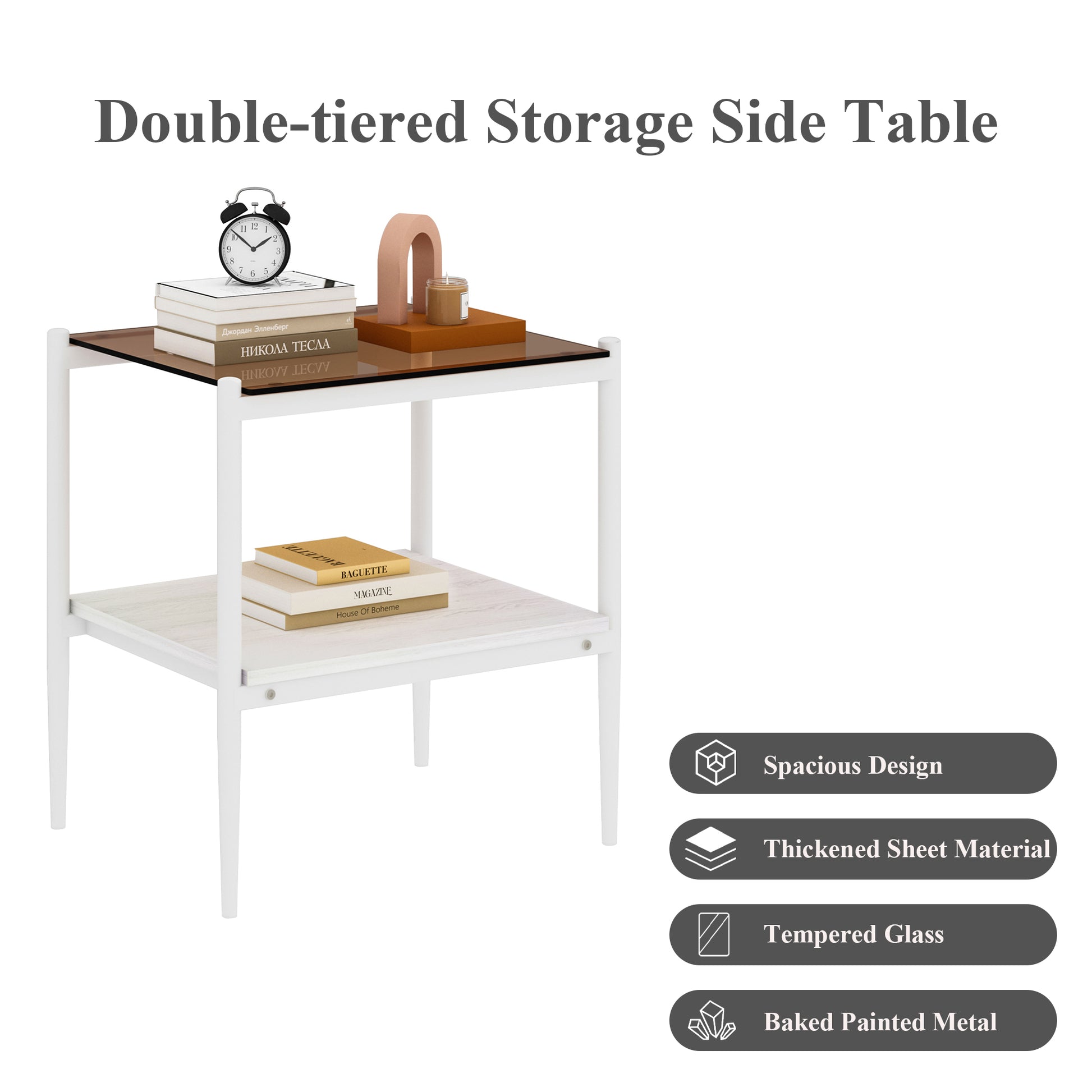 Set of 2 Rectangle End Table, Tempered Glass Tabletop with MDF layer, Modern Table for Living Room, Brown Glass image 9