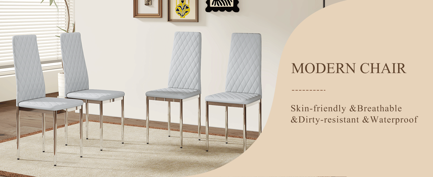 Modern Style Dining Chairs Set of 4 in Light Gray, Essential for Minimalist Homes.Meeting Family Dining Needs,PU Material Seat,Silver Metal Legs,Blending into Various Home Environments.W1151107274 image 12