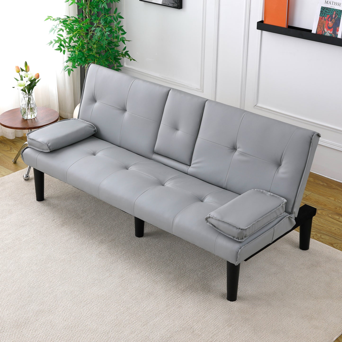 The 67-inch light gray PVC multi-functional sofa bed, with a foldable and cup holder design, makes it extremely convenient to turn the living room into a guest room image 9