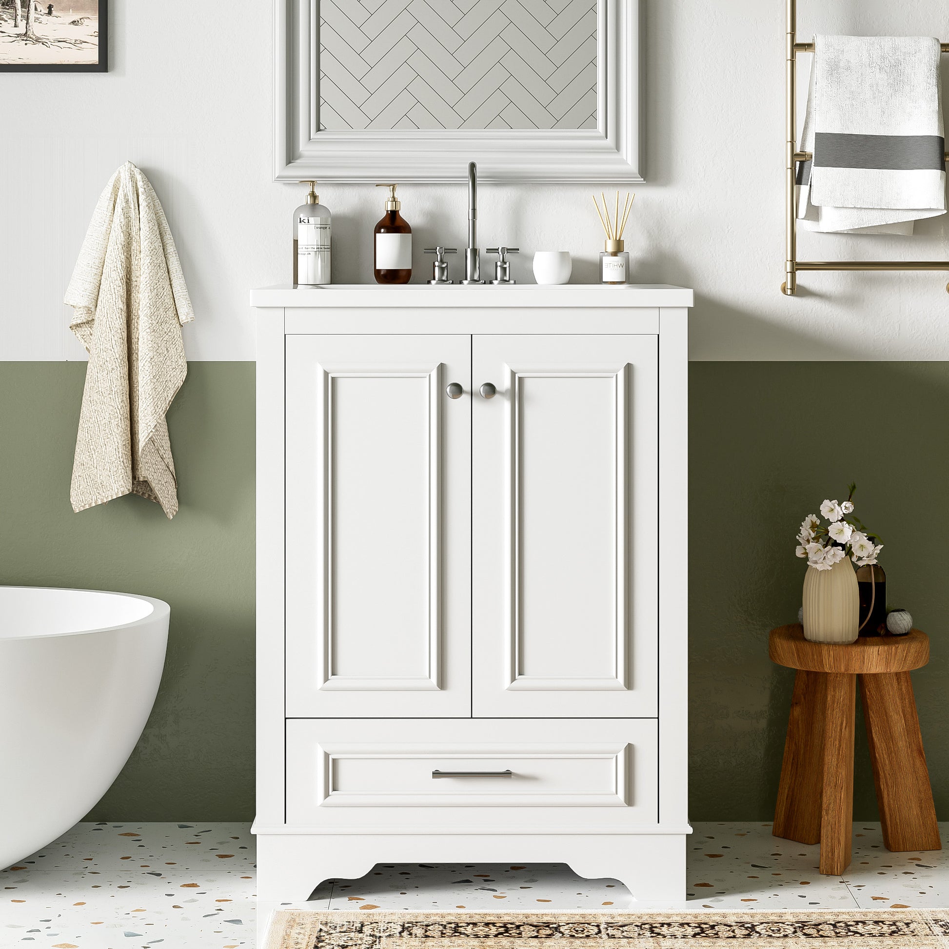 24'' Bathroom Vanity with Ceramic Sink Combo, Modern Freestanding Storage Cabinet with Silver Handles, Soft Closing Doors image 3