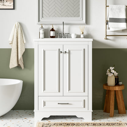 24'' Bathroom Vanity with Ceramic Sink Combo, Modern Freestanding Storage Cabinet with Silver Handles, Soft Closing Doors image 3