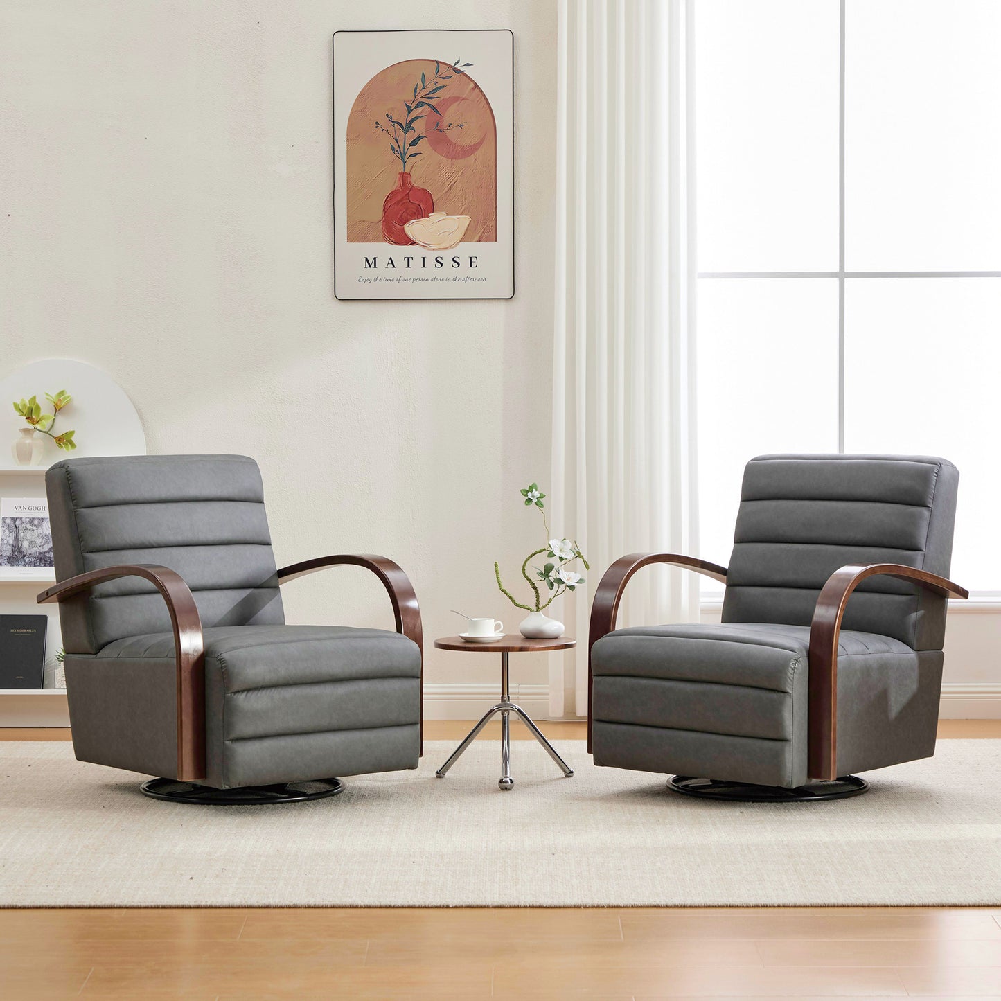 30.7"W Modern Upholstered 360° Swivel Accent Chair with Solid Wood Armrests and Comfy Channel Tufted Lounge Reading Chair, Single Sofa Armchair for Hotel Bedroom Living Room Office and Bedroom. Gray image 2