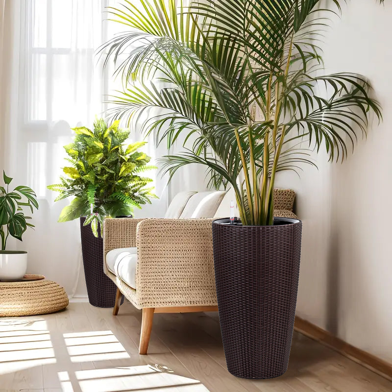 Set of 2 Faux Rattan Tall Planters Outdoor Indoor Large Planters with Water Level Monitor Inner Bucket, Automatic Watering, Flower Plant Pots for Garden, Patio, Porch, Backyard (Brown, 22 inch) image 8