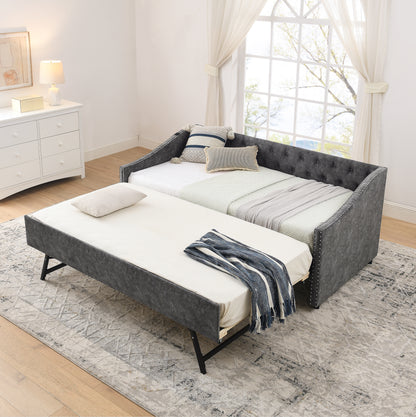 Twin Size Daybed with USB Charging & Pull-out Extendable Bed, with Button on Back and Copper Nail on Waved Shape Arms (81"x42"x30.75") image 2
