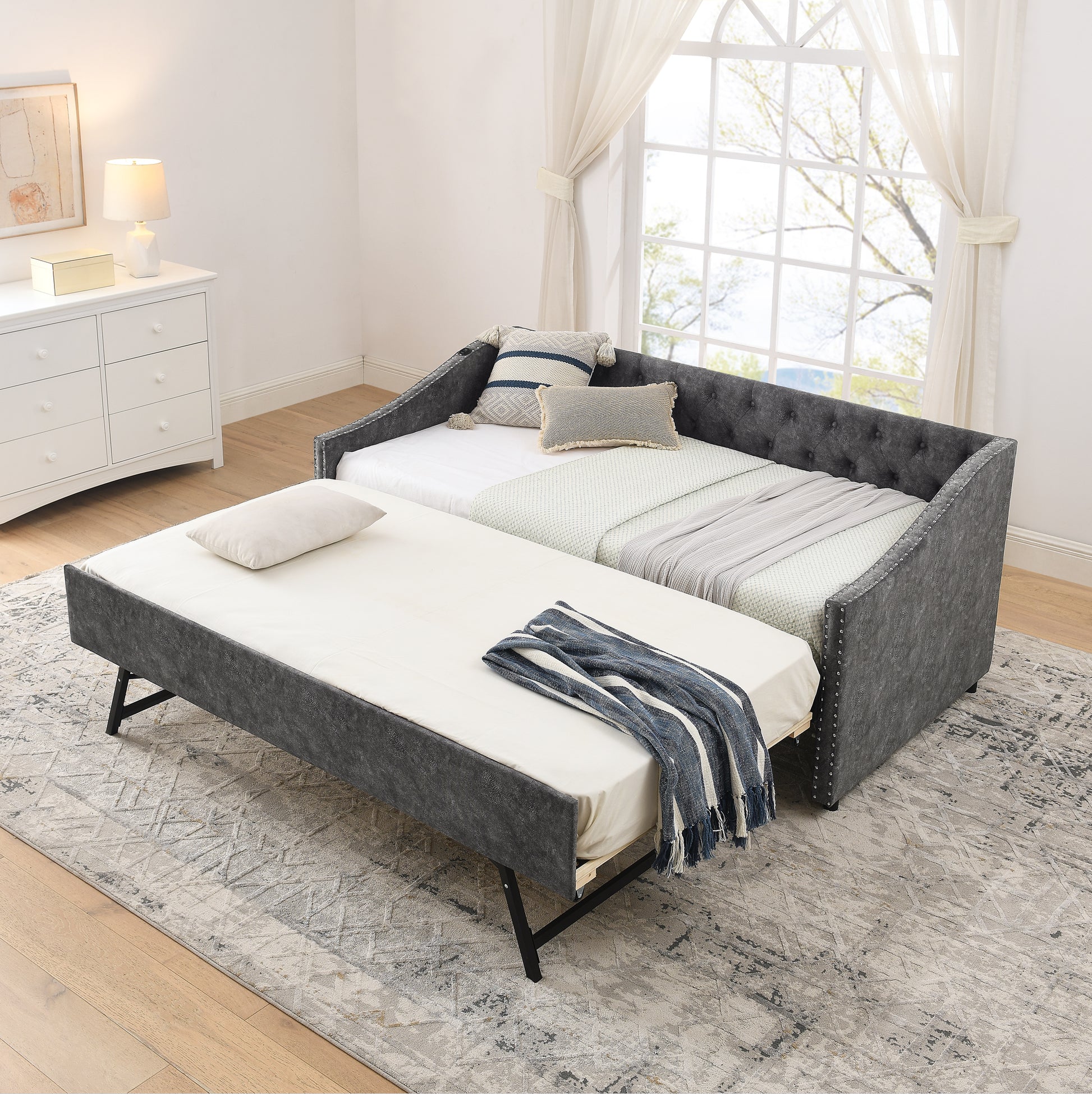 Twin Size Daybed with USB Charging & Pull-out Extendable Bed, with Button on Back and Copper Nail on Waved Shape Arms (81"x42"x30.75") image 2